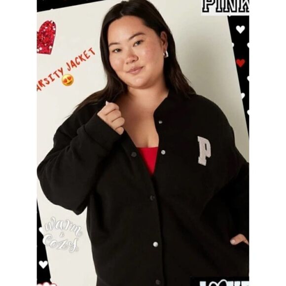 VS PINk fleece french terry snap front varsity Jacket/coat xxl - Picture 1 of 9